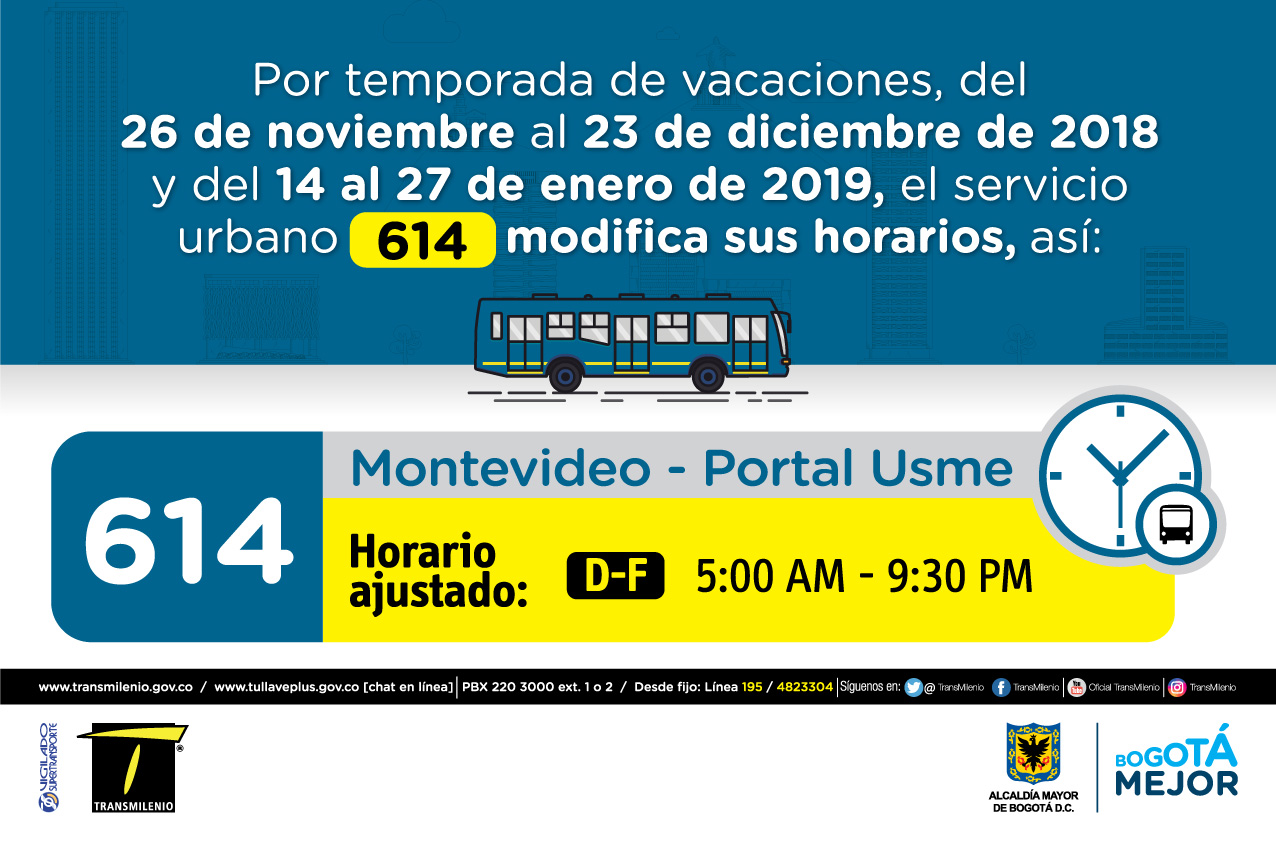 Horario ruta 614 de  Domingo y Festivo 5:00 AM - 9:30 PM