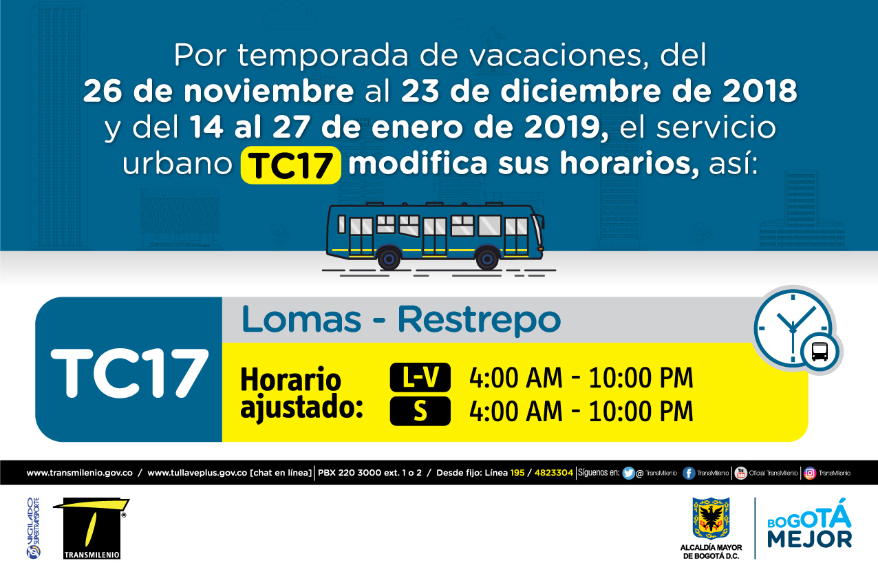 Horario ruta TC17 de Lunes a viernes 4:00 AM - 10:00 PM, Sábado 4:00 AM - 10:00PM