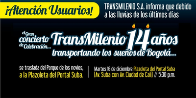 EL SISTEMA TRANSMILENIO CELEBRA CON SUS USUARIOS 14 A&Ntilde;OS DE OPERACION