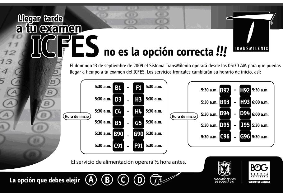 TRANSMILENIO TENDRÁ HORARIO ESPECIAL PARA LAS PRUEBAS DEL ICFES 