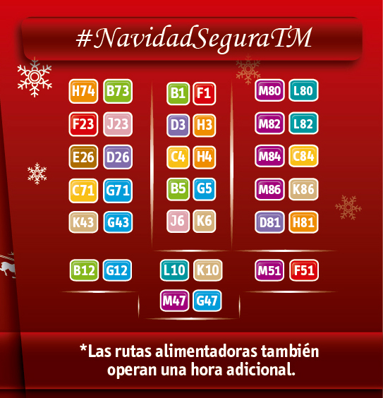 Los días 10, 19, 23 y 31 de diciembre el sistema transmilenio amplía su horario de operación una hora más. De igual manera las rutas alimentadoras operan una hora más.