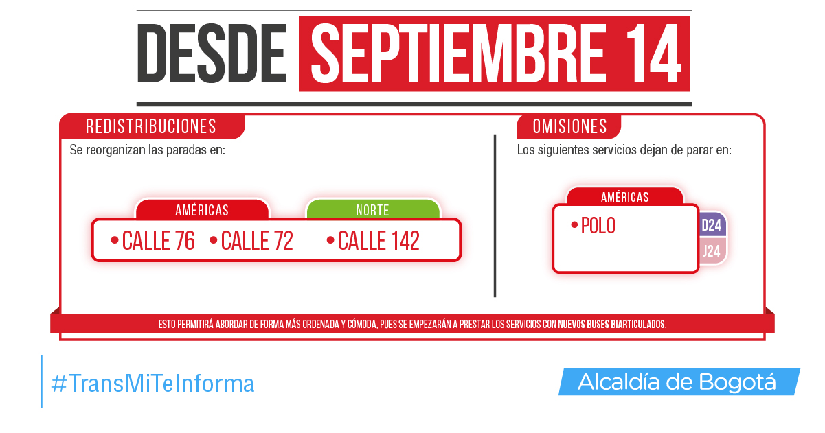 Cambios generales  en TransMilenio para el 14 de septiembre de 2019